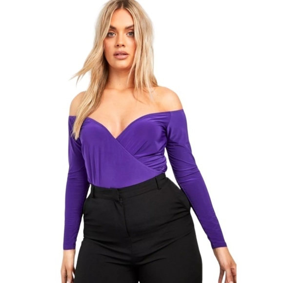 Women’s Plus Size Faux Wrap Long Sleeves Purple Top Off Shoulder Sz 22 - Picture 5 of 6